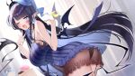  absurdres ass babydoll black_nails black_wings blue_babydoll blue_hat blurry blurry_background breasts crescent crescent_earrings donut earrings fang food frilled_babydoll gawawawa hair_ornament hat highres jewelry letter_hair_ornament long_hair nightcap one_eye_closed open_mouth pointy_ears rem_kanashibari shadow skin_fang striped_clothes v4mirai wings yawning 