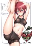  ... 1girl ^_^ amate_yuzuriha aqua_eyes black_shorts black_sports_bra cameltoe closed_eyes covered_nipples crop_top english_text flexible gquuuuuux gundam gundam_gquuuuuux highres holding_own_leg kneepits leg_hold leg_lift leg_up looking_at_viewer mecha ment midriff mixed-language_text mobile_suit red_hair robot short_hair shorts solo split sports_bra sportswear standing standing_on_one_leg standing_split zaku 