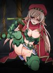  alleyne_(queen's_blade) bdsm bondage boots bound breasts censored elf green_footwear large_breasts long_hair nipple_torture nipples no_panties one_eye_closed pointy_ears pussy queen's_blade rope ryuu_ryuu solo 