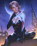  1girl absurdres black_bodysuit blonde_hair bodysuit breasts building city cleavage cleavage_cutout clothing_cutout dalejomej green_eyes gwen_stacy highres looking_to_the_side marvel moon multicolored_bodysuit night outdoors pink_bodysuit signature sitting skyscraper solo spider-gwen spider-man_(series) superhero_costume white_bodysuit 