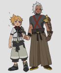 2boys ? age_difference arm_armor armor armored_boots asymmetrical_armor black_jacket black_pants black_shirt blonde_hair blue_eyes boots brown_eyes brown_gloves brown_pants clenched_hand commentary_request dark-skinned_male dark_skin evil_smile flying_sweatdrops full_body gloves grey_background grey_hair hakama hakama_pants height_difference highres holding_hands jacket japanese_clothes kingdom_hearts kingdom_hearts_birth_by_sleep lalalalife15 looking_at_another male_focus multicolored_jacket multiple_boys open_mouth pants parted_bangs shirt short_hair short_sleeves shoulder_strap simple_background smile spiked_hair terra-xehanort tight_clothes turtleneck turtleneck_shirt ventus_(kingdom_hearts) white_jacket worried wristband 