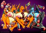 absurd_res balls blush breasts charizard digital_media_(artwork) disembodied_penis erection female feral generation_1_pokemon generation_6_pokemon genitals group hi_res humanoid_genitalia humanoid_penis male mega_charizard mega_charizard_x mega_charizard_y mega_evolution membrane_(anatomy) membranous_wings nintendo nipples orange_body penetration penis pokemon pokemon_(species) scalie sex simple_background spaca wings