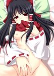  black_hair bow breasts detached_sleeves hakurei_reimu long_hair masturbation nipples pote_(haiharaai) pussy_juice red_eyes small_breasts solo touhou 