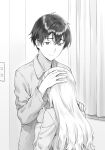  1boy 1girl asamura_yuuta ayase_saki brother_and_sister collared_shirt comforting commentary_request curtains gimai_seikatsu greyscale hair_between_eyes hand_on_another&#039;s_head hand_on_another&#039;s_shoulder head_hug highres hiten_(hitenkei) light_switch long_hair long_sleeves monochrome novel_illustration official_art second-party_source shirt short_hair siblings step-siblings upper_body 