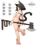  1girl absurdres animal_ears ass axe battle_axe belt black_bra black_choker black_hair black_nails bottomless bra breasts cat_ears cat_girl cat_tail choker from_behind full_body halo hei_yksk highres holding holding_axe looking_at_viewer looking_to_the_side micro_bra middle_finger original red_eyes small_breasts sweat tail thigh_strap underwear unworn_belt weapon weapon_behind_back 