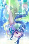  1girl birthday blue_hair breasts bubble character_name commentary dated earrings english_text gloves happy_birthday high_ponytail highres jewelry koi_ni_naritai_aquarium long_hair looking_at_viewer love_live! love_live!_sunshine!! matsuura_kanan medium_breasts ponytail purple_eyes ritsuka_(rituka) sidelocks solo twitter_username underwater upside-down 