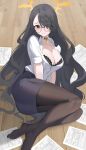  1girl absurdres bespectacled black-framed_eyewear black_bra black_choker black_hair black_pantyhose black_skirt blue_archive blush bra breasts choker cleavage closed_mouth collared_shirt commentary_request dress_shirt embarrassed eyes_visible_through_hair from_above glasses hair_over_one_eye halo highres hinata_(blue_archive) indoors kurochomo large_breasts legs lingerie long_hair looking_at_viewer no_shoes office_lady on_floor one_eye_closed pantyhose paper partially_unbuttoned pencil_skirt red_eyes round_eyewear shirt short_sleeves skirt solo thighs underwear very_long_hair white_shirt wooden_floor yellow_halo 