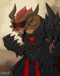 4:5 4_ears 4_horns anthro armor biped black_armor blindfold brown_body brown_fur brown_horn charr digital_media_(artwork) felid fur guild_wars hair hi_res horn male mammal multi_ear multi_horn red_hair rytlock_brimstone simple_background solo switchbit