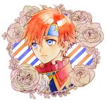  1boy blue_eyes european_clothes fire_emblem fire_emblem:_fuuin_no_tsurugi floral_background flower headband high_collar nintendo portrait red_hair rose roy_(fire_emblem) solo youheiogm 