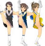  bare_shoulders blush brown_eyes brown_hair cheerleader gossa-tei high_kick kicking legs multiple_girls no_panties open_mouth original ponytail pubic_hair pussy shoes smile sneakers socks split standing standing_on_one_leg standing_split twintails uncensored upskirt 