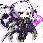  1boy belt black_belt black_fire black_footwear black_pants blue_eyes boots cape closed_mouth collared_cape commentary cross-laced_footwear drop_shadow edmond_dantes_(fate) empty_eyes epaulettes eyes_visible_through_hair fate/grand_order fate_(series) fire floating_hair frown full_body gloves gradient_hair grid_background hair_ribbon highres holding holding_sword holding_weapon lace-up_boots long_hair long_sleeves looking_at_viewer low_ponytail male_focus multicolored_eyes multicolored_hair neckerchief outstretched_arm pale_skin pants ponytail purple_cape purple_fire purple_hair purple_ribbon red_eyes ribbon simple_background solo standing sword the_count_of_monte_cristo_(fate) the_count_of_monte_cristo_(second_ascension)_(fate) uwu_illust214 weapon white_background white_gloves white_hair white_neckerchief 