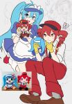  !? +_+ 2girls ahoge ankle_socks apron black_necktie blue_dress blue_eyes blue_hair brown_footwear character_doll closed_mouth collared_shirt dress drill_hair fang flower furry hair_between_eyes hatsune_miku highres kasane_teto layered_dress long_hair mesmerizer_(vocaloid) multiple_girls necktie open_mouth pants red_eyes red_flower red_hair red_pants shirt short_sleeves skates smiley_hat_ornament socks stuffed_toy sugarsicksugar suspenders sweat twin_drills twintails utau vocaloid waist_apron white_apron white_socks wing_collar 