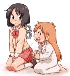  2girls :d ^_^ barefoot beachepisode between_legs black_hair closed_eyes cup facing_another full_body hand_between_legs highres holding holding_cup lab_coat long_hair looking_at_another medium_hair multiple_girls necktie nichijou open_mouth orange_hair professor_shinonome red_skirt school_uniform seiza shinonome_nano simple_background sitting skirt smile steam tokisadame_school_uniform white_background winding_key 