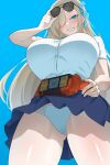  1girl adjusting_eyewear ass_visible_through_thighs asuna_(blue_archive) asuna_(school_uniform)_(blue_archive) blonde_hair blue_archive blue_background blue_eyes blue_skirt breasts commentary commission from_below gotcha_driver hair_over_one_eye highres kamen_rider kamen_rider_gotchard_(series) large_breasts long_hair name_connection noonnoon531 panties pantyshot rider_belt shirt skirt smile sunglasses underwear white_panties white_shirt 