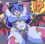 1girl astaroth_(shinrabanshou) axe black_sclera blue_hair blue_skin blush breastless_clothes breasts clitoris demon_tail detached_sleeves earrings heart heart_earrings horns jewelry large_breasts muhyowo navel nipples pussy red_wings see-through shinrabanshou solo tail tears thighhighs weapon wings yellow_eyes 