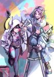  2girls art_brush asakura_karen_(heaven_burns_red) black_hair eyewear_on_head heaven_burns_red highres hood hood_up ishii_iroha jacket kamikazegarden long_hair multicolored_hair multiple_girls paint paint_can paint_on_clothes paintbrush pants purple_eyes purple_hair red_eyes shirt streaked_hair tail white_shirt 