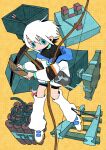  1girl arrow_(projectile) arrow_in_body arrow_in_head aruun black_jacket blue_eyes bow_(weapon) bucket cevio closed_mouth commentary_request dot_mouth explosive floating_hair full_body highres hitoribocchi_sangyou_kakumei_(cevio) holding holding_bow_(weapon) holding_bucket holding_map holding_pickaxe holding_weapon hopper_(minecraft) jacket layered_clothes leg_warmers long_sleeves looking_at_viewer map minecraft object_through_head off_shoulder pickaxe piston potion railroad_tracks redstone_comparator shoes simple_background sneakers solo tnt tnt_block_(minecraft) water weapon white_footwear white_hair white_jacket white_leg_warmers yellow_background 