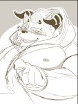  behemoth_(housamo) blush clothing grin hoodie horn male moku_nameko monster muscular muscular_male nipples pecs sketchy smile sweat tokyo_afterschool_summoners video_games 