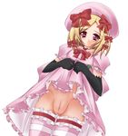  bad_id bad_pixiv_id blonde_hair hat lambdadelta mikan_(5555) no_panties pink_hat pussy skirt skirt_lift solo thighhighs umineko_no_naku_koro_ni wet 