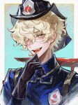  1boy :d absurdres aqua_background backpack badge bag bandage_over_one_eye black_gloves black_helmet blonde_hair blue_jacket blush border collared_jacket fang fire_helmet firefighter_jacket florian_brand gloves hair_between_eyes hand_on_own_chin helmet highres identity_v jacket long_sleeves looking_at_viewer male_focus outside_border short_hair smile solo upper_body white_border yellow_eyes zhumojian 