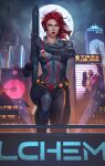  1girl absurdres avengers_(series) black_bodysuit black_widow blue_eyes bodysuit building city dalejomej full_moon gun highres holding holding_gun holding_weapon looking_at_viewer marvel marvel_rivals moon natasha_romanoff night outdoors red_hair red_lips short_hair skyscraper solo sp//dr spider-man_(series) spotlight standing weapon 