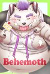  anthro behemoth_(housamo) belly big_belly blush cake clothing eating food fork fruit hoodie horn male monster moobs navel nipples noko_illust overweight overweight_male solo strawberry tokyo_afterschool_summoners tongue video_games 
