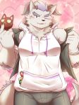 &lt;3 behemoth_(housamo) blush bulge candy chocolate clothing food hoodie horn male monster muscular muscular_male one_eye_closed pecs siho07150 tokyo_afterschool_summoners undressing video_games wink 