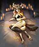  antelope anthro athletic athletic_anthro athletic_female bed bedroom black_body black_fur black_hair black_tait bovid breasts butt candle clothing dragonfu female fur furniture gazelle hair hi_res hooves horn light_body light_fur lingerie mammal pillow pinup pose sadbitch small_breasts small_waist solo yellow_body yellow_eyes yellow_fur zahra_(airheart) 