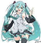  1girl aqua_eyes aqua_hair aqua_nails aqua_necktie armpits blush detached_sleeves grey_vest hair_between_eyes hatsune_miku headset long_hair miniskirt necktie pleated_skirt shikei skirt smile solo thighhighs thighs twintails very_long_hair vest vocaloid white_background 