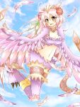  1girl ahoge bangs bird_legs blush breasts character_request cleavage dragon_poker feathers flower flying hair_between_eyes hair_flower hair_ornament hairband harpy highres lena07x long_hair midriff monster_girl navel open_mouth pink_eyes pink_feathers pink_hair pink_wings red_flower sky small_breasts solo talons very_long_hair winged_arms wings 