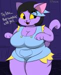  absurd_res anthro bangs big_breasts big_butt black_hair blue_hair bottomwear breasts butt catty_(undertale) cleavage clothed clothing curvy_figure cutoffs denim denim_clothing dialogue domestic_cat english_text eyelashes fangs felid feline felis female freckles fur hair hi_res highlights_(coloring) looking_aside mammal open_:3 open_mouth overalls_only pockets purple_body purple_fur raised_tail shorts signature simple_background slightly_chubby smile sneavile solo swept_bangs text thick_thighs tight_clothing translucent translucent_hair undertale_(series) video_games voluptuous wide_hips yellow_eyes yellow_sclera 