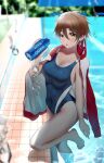  1girl absurdres barefoot bottle breasts brown_eyes brown_hair cleavage competition_swimsuit covered_navel headband highres jacket kasugano_sakura medium_breasts official_alternate_costume one-piece_swimsuit open_clothes open_jacket pool poolside red_headwear sato_one1 short_hair solo street_fighter street_fighter_v swimsuit toes toned track_jacket water_bottle wet 