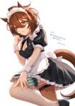  1girl agnes_tachyon_(umamusume) ahoge animal_ears apron bangs black_bow black_bowtie black_dress black_footwear bow bowtie breasts brown_hair cleavage closed_mouth detached_collar dress emil1030_blue fishnet_thighhighs fishnets hand_up highres horse_ears horse_girl horse_tail leg_up looking_at_viewer maid_headdress medium_breasts medium_hair orange_eyes puffy_short_sleeves puffy_sleeves shoes short_sleeves smile solo syringe tail thighhighs translation_request twitter_username umamusume waist_apron white_background wrist_cuffs 