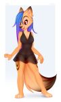  2022 4_toes 5_fingers anthro black_nose blue_hair breasts canid canine clothed clothing digital_media_(artwork) dress eyebrows eyelashes feet female fingers fox hair hi_res mammal omiart open_mouth panties red_eyes simple_background smile solo toes tongue underwear 