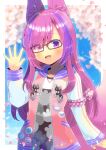  1girl :d animal_ear_fluff animal_ears black_dress blush brown-framed_eyewear collarbone commentary_request commission copyright_request dress glasses hand_up heterochromia jacket kou_hiyoyo long_hair long_sleeves looking_at_viewer multicolored_hair open_clothes open_jacket petals pink_eyes pink_hair pink_jacket purple_eyes purple_hair skeb_commission sleeves_past_wrists smile solo streaked_hair tail very_long_hair 