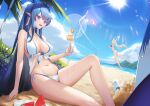  2girls :d absurdres arknights arm_up bangs bare_arms bare_legs beach beach_volleyball bikini bird blue_hair blue_nails blue_sky braid breasts character_request cleavage cloud crazy_straw cup day dragon_horns drinking_glass drinking_straw ear_piercing halterneck heart_straw highres holding holding_cup horns jumping knee_up large_breasts lcy_bingzi ling_(arknights) long_hair multicolored_hair multiple_girls nail_polish navel nine-colored_deer outdoors piercing plate pointy_ears purple_eyes red_bikini red_hair sand_castle sand_sculpture side-tie_bikini single_braid sitting sky smile stomach streaked_hair sun swimsuit very_long_hair volleyball_net watermelon_slice wet white_bikini white_hair 