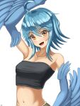  1girl ahoge bangs bare_shoulders black_tube_top blue_hair blue_wings blush breasts falr_illust feathered_wings feathers harpy highres medium_hair midriff monster_girl monster_musume_no_iru_nichijou navel open_mouth papi_(monster_musume) simple_background small_breasts solo strapless tube_top white_background winged_arms wings yellow_eyes 