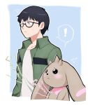  anthro bandai_namco beady_eyes black_hair digimon digimon_(species) digimon_survive duo eyewear glasses hair horn hsnkz809 human lagomorph leporid long_ears lopmon lopmon_(survive) male mammal rabbit rumbling_stomach shuuji_kayama 