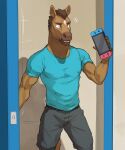  2022 anthro biped bottomwear brown_body brown_fur brown_hair clothed clothing digital_media_(artwork) equid equine fully_clothed fur hair hi_res holding_switch horse male mammal nintendo nintendo_switch pants pngx_(artist) shirt solo topwear video_games white_body white_fur 