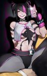  aqua_nails arms_up black_hair breasts cellphone choker gloves han_juri highres medium_breasts navel pf54j53ilobv7cw phone pink_eyes pink_hair smartphone smile street_fighter street_fighter_6 