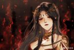  1girl bare_shoulders black_background brown_hair cai_lin_(doupo_cangqiong) doupo_cangqiong dress earrings facial_mark fire forehead_mark gleam jewelry long_hair pointy_ears red_dress red_eyes red_lips shiny shiny_hair smile solo upper_body yue_xin_an 