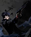  1boy bangs bird black_eyes black_hair closed_mouth cofffee command_spell crow emiya_kiritsugu expressionless facial_hair fate/zero fate_(series) formal gun handgun holding holding_gun holding_weapon light_particles looking_away male_focus necktie solo stubble suit thompson/center_contender upper_body weapon 