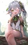  1girl ;d absurdres barefoot crossed_legs doyamona dress elf feet genshin_impact green_eyes highres looking_at_viewer nahida_(genshin_impact) one_eye_closed open_mouth pointy_ears sitting smile soles solo toes white_hair 