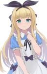  1girl :3 apron aqua_eyes bangs black_bow black_hairband blonde_hair blue_dress blunt_bangs blush bow bow_hairband clenched_hand closed_mouth cowboy_shot dress enumiyaa hair_bow hairband hand_on_own_chest highres long_hair looking_at_viewer mononobe_alice nijisanji puffy_short_sleeves puffy_sleeves short_sleeves sidelocks solo straight_hair very_long_hair virtual_youtuber white_apron 