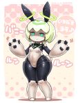  1girl animal_ears blue_eyes bow bowtie breasts detached_collar green_hair halo multiple_halos navel pink_background playboy_bunny puniru_wa_kawaii_slime rabbit_ears rabbit_tail robot runruun_(puniru_wa_kawaii_slime) shigatake short_hair small_breasts tail thick_thighs thighs 
