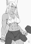  1girl abs absurdres alternate_costume animal_ear_fluff animal_ears bangs bike_shorts blush boku_no_hero_academia breasts cleavage collarbone cowboy_shot crescent_print dark-skinned_female dark_skin dumbbell exercise from_side greyscale grin highres long_eyelashes long_hair looking_at_viewer medium_breasts mirko monochrome muscular muscular_female outline parted_bangs rabbit_ears sidelocks signature simple_background smile solo speedl00ver sports_bra sweat sweatdrop thick_thighs thighs toned tsurime very_long_hair weightlifting white_background wristband 