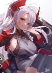  1girl antenna_hair azumi_akitake azur_lane breasts buttons double-breasted grey_jacket hand_to_own_mouth jacket large_breasts long_hair long_sleeves looking_at_viewer mole mole_on_breast multicolored_hair prinz_eugen_(azur_lane) red_eyes red_hair sideboob signature simple_background solo streaked_hair two-tone_hair white_background white_hair 