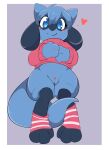  absurd_res anthro blue_body blue_eyes blush bottomless clothed clothing female fluffy fluffy_tail genitals hi_res legwear looking_at_viewer luuriolu nintendo pok&eacute;mon pok&eacute;mon_(species) pussy riolu solo video_games 