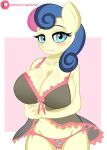  2020 anthro anthrofied big_breasts blue_eyes blue_hair blush bonbon_(mlp) breasts cleavage clothed clothing collarbone digital_media_(artwork) equid equine eyebrows eyelashes female friendship_is_magic hair hasbro horse huge_breasts lingerie looking_at_viewer mammal multicolored_hair my_little_pony nightgown panties pink_hair pony raydonxd ribbons smile solo tan_body two_tone_hair underwear 