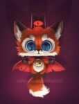  2022 ambiguous_gender anthro bell big_eyes canid canine chibi cloak clothing crown cult_of_the_lamb cute_expression cute_eyes fox front_view fur levitation looking_at_viewer mammal pawpads purple_background shadow silverfox5213 simple_background smile solo text tuft url video_games whiskers 